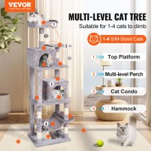 VEVOR Cat Tree 63" Cat Tower with 2 Cat Condos Sisal Scratching Post Light Grey