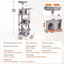 VEVOR Cat Tree 63" Cat Tower with 2 Cat Condos Sisal Scratching Post Light Grey