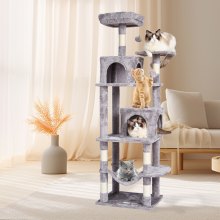 Arbre à chat VEVOR 63" Tour à chat avec 2 niches pour chat Griffoir en sisal Gris clair