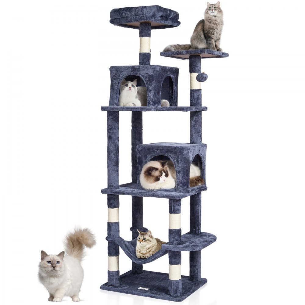 VEVOR Cat Tree 160 cm Cat Tower with 2 Cat Condos Scratching Post Light Grey