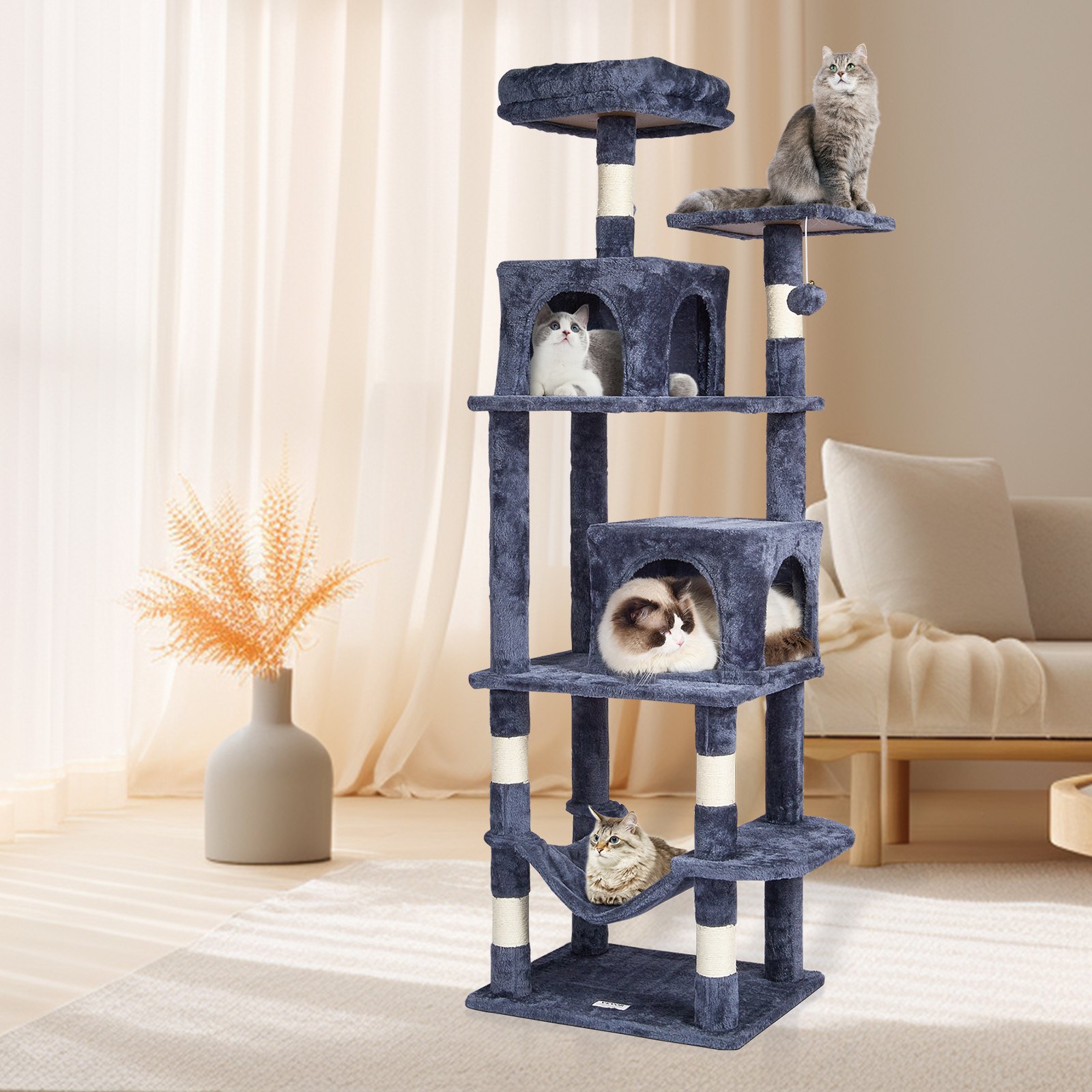 VEVOR Cat Tree 63" Cat Tower with 2 Cat Condos Sisal Scratching Post Ανοιχτό γκρι