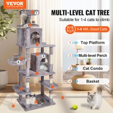 VEVOR Cat Tree 68,5" Cat Tower med Cat Condos Sisal Kradsestolpe Lysegrå