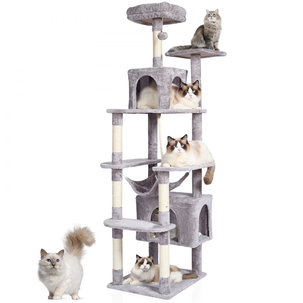 VEVOR Cat Tree 183 cm Cat Tower with 2 Cat Condos Scratching Post Light Grey