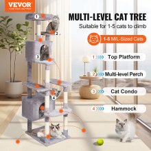 VEVOR Cat Tree 72" Cat Tower with 2 Cat Condos Sisal Scratching Post Light Grey