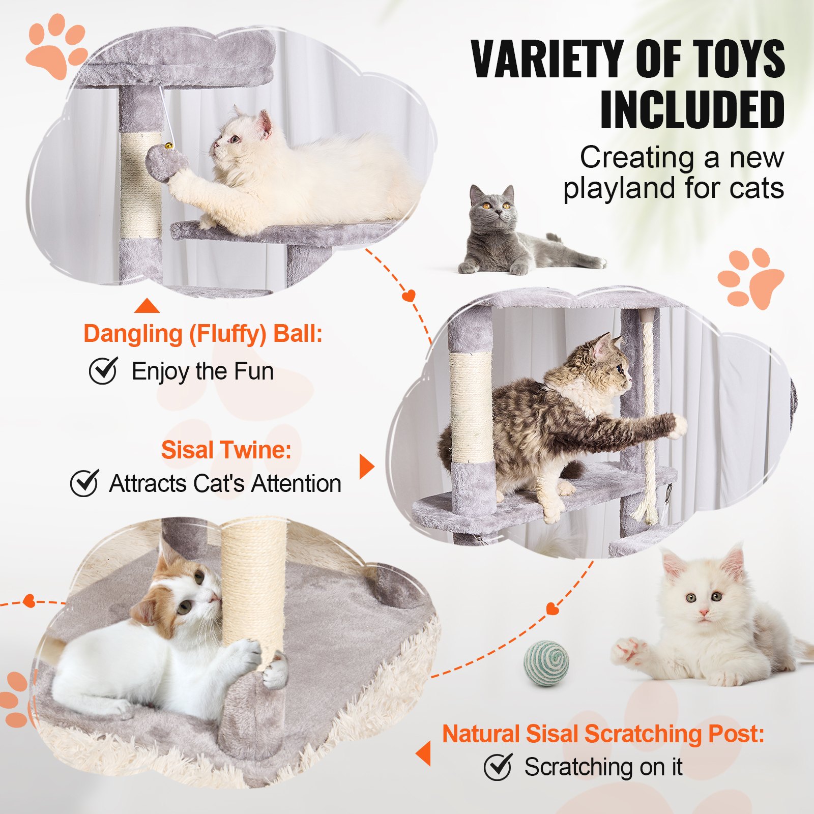 VEVOR Cat Tree 182.9 cm Cat Tower with 2 Cat Condos Sisal Scratching Post Light Grey