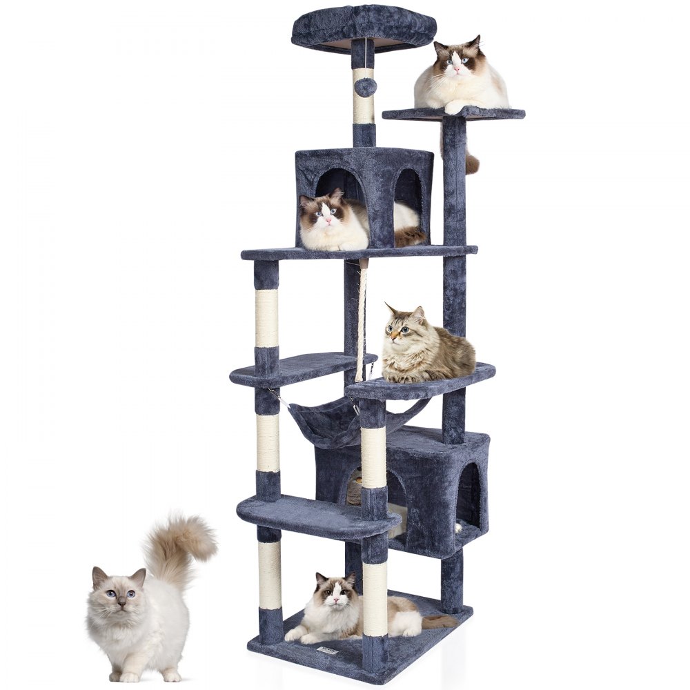 VEVOR Cat Tree 183cm Cat Tower with 2 Cat Condos Sisal Scratching Post Dark Grey