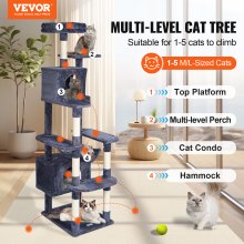 VEVOR Cat Tree 183cm Cat Tower with 2 Cat Condos Sisal Scratching Post Dark Grey