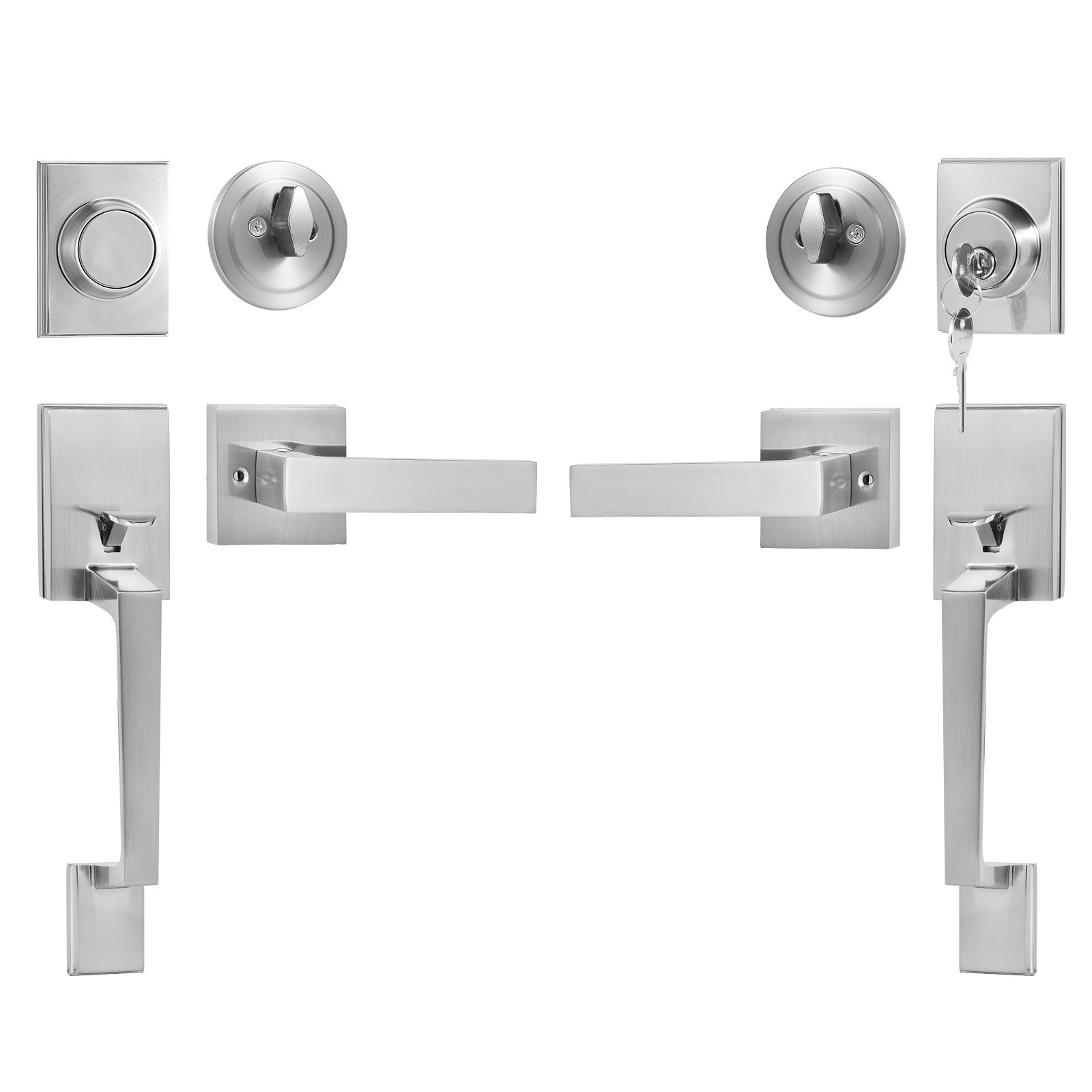 VEVOR Double Door Handle Set, Double Door Lock Set with Reversible Handle Lever, Satin Nickel Square Door Lever, Heavy Duty Double Front Door Handle Set with Dummy, for Front Door or Office Door