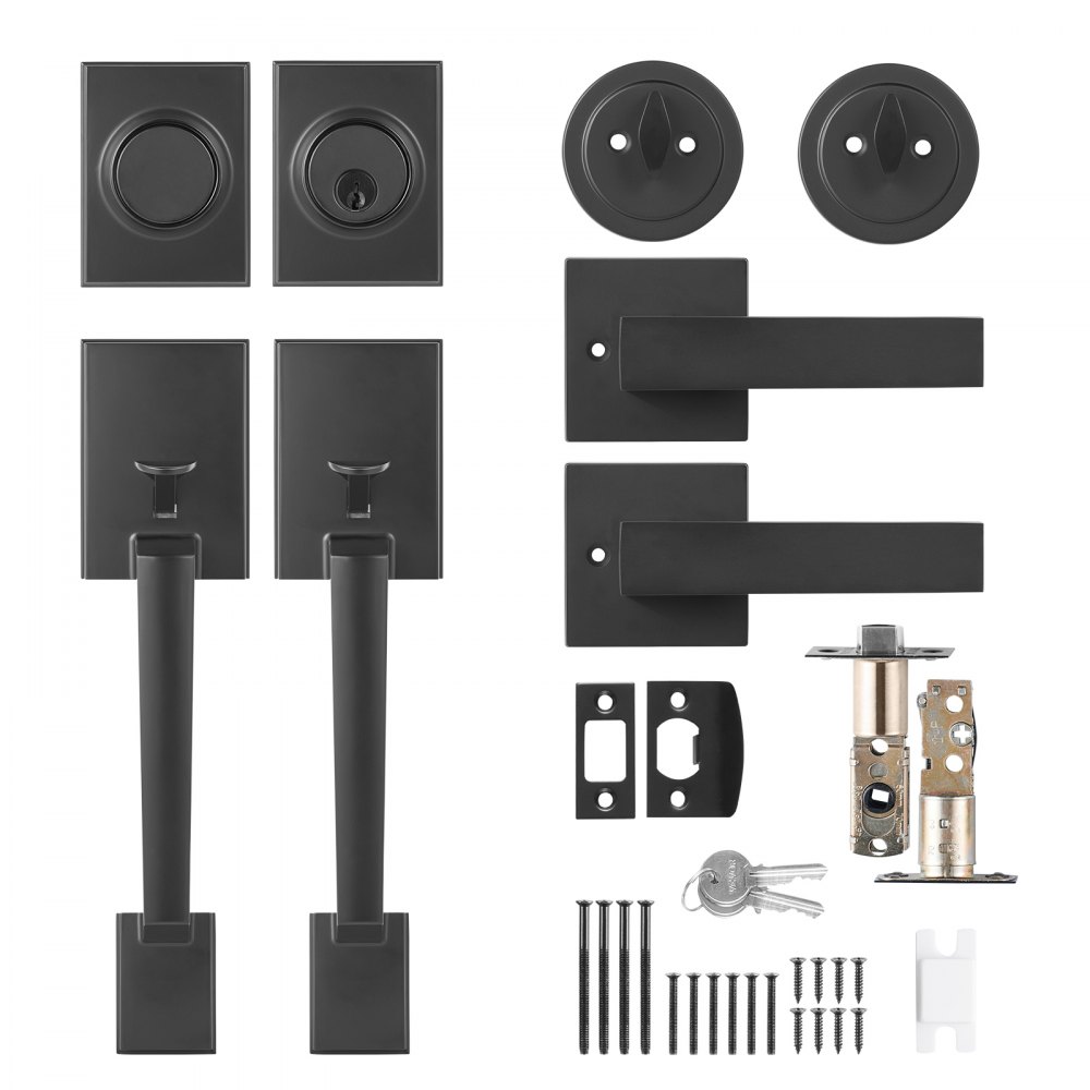 VEVOR Double Door Handle Set, Matte Black Square Door Lever, Double Front Door Handle Set with Reversible Handle Lever, Heavy Duty Double Door Lock Set with Dummy, for Office Door or Front Door