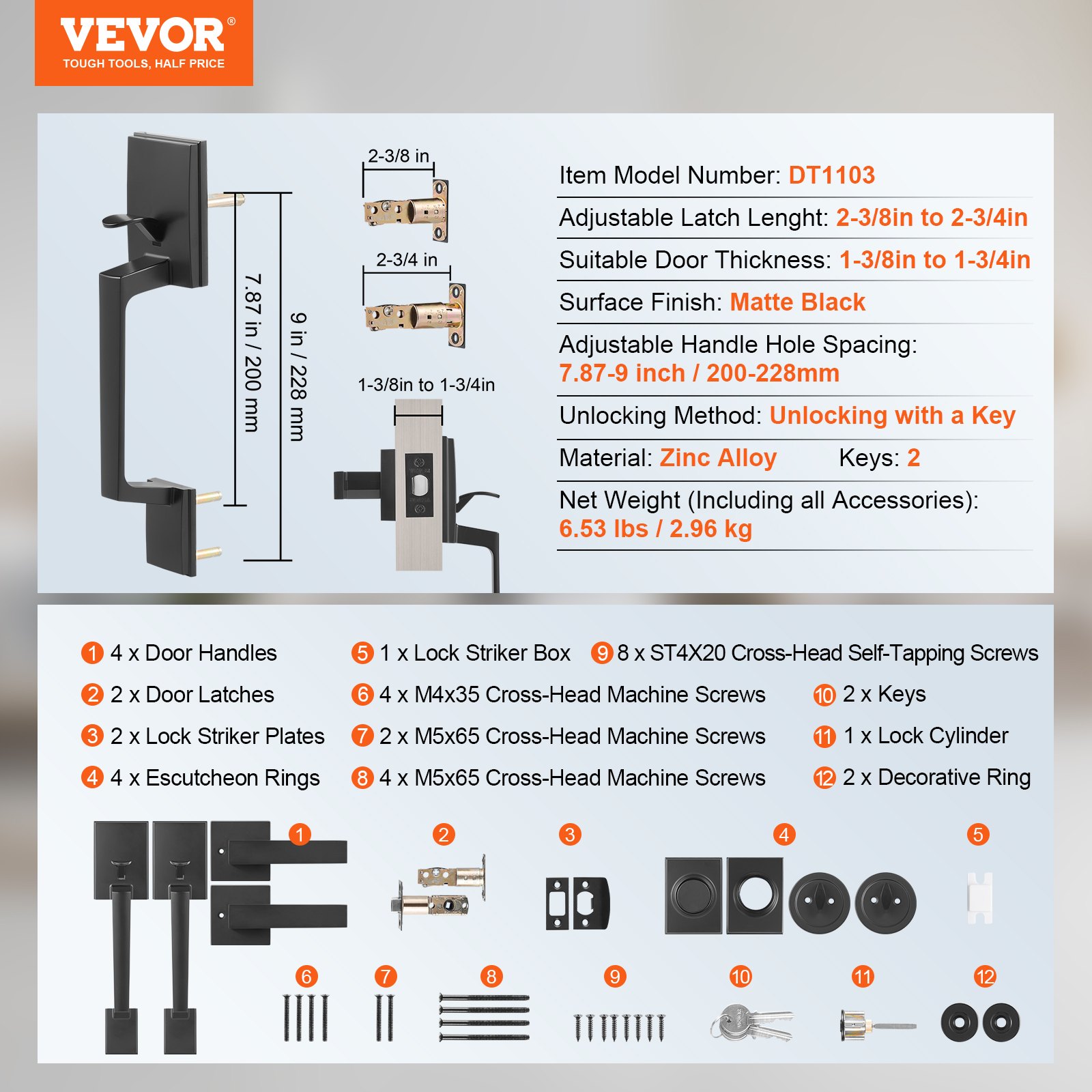 VEVOR Double Door Handle Set, Matte Black Square Door Lever, Double Front Door Handle Set with Reversible Handle Lever, Heavy Duty Double Door Lock Set with Dummy, for Office Door or Front Door
