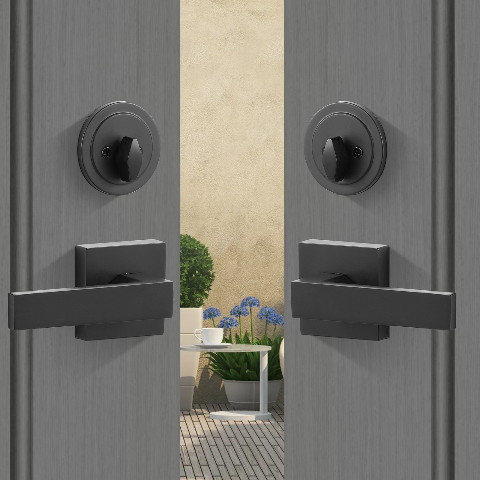 VEVOR Double Door Handle Set, Matte Black Square Door Lever, Double Front Door Handle Set with Reversible Handle Lever, Heavy Duty Double Door Lock Set with Dummy, for Office Door or Front Door