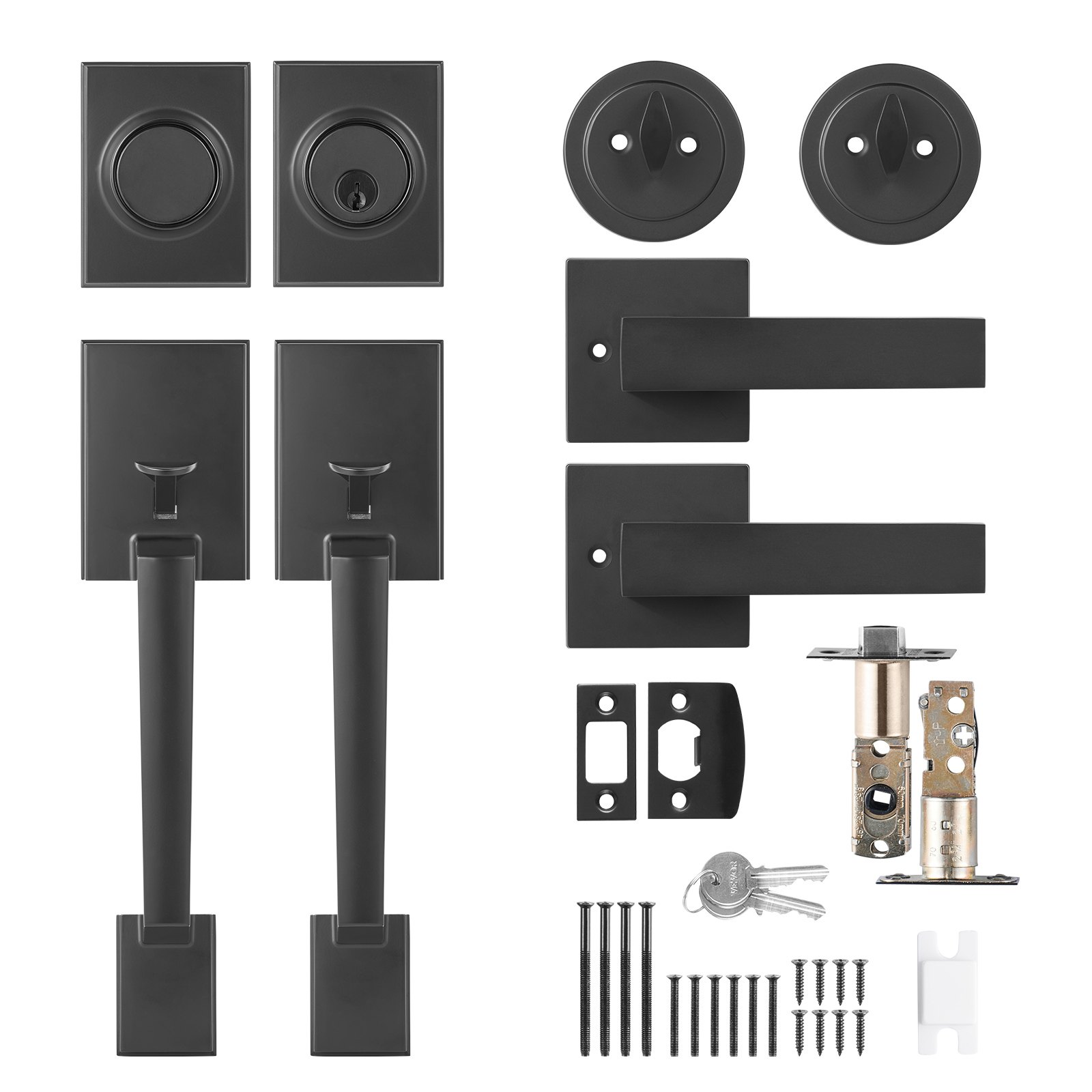 VEVOR Double Door Handle Set, Matte Black Square Door Lever, Double Front Door Handle Set with Reversible Handle Lever, Heavy Duty Double Door Lock Set with Dummy, for Office Door or Front Door