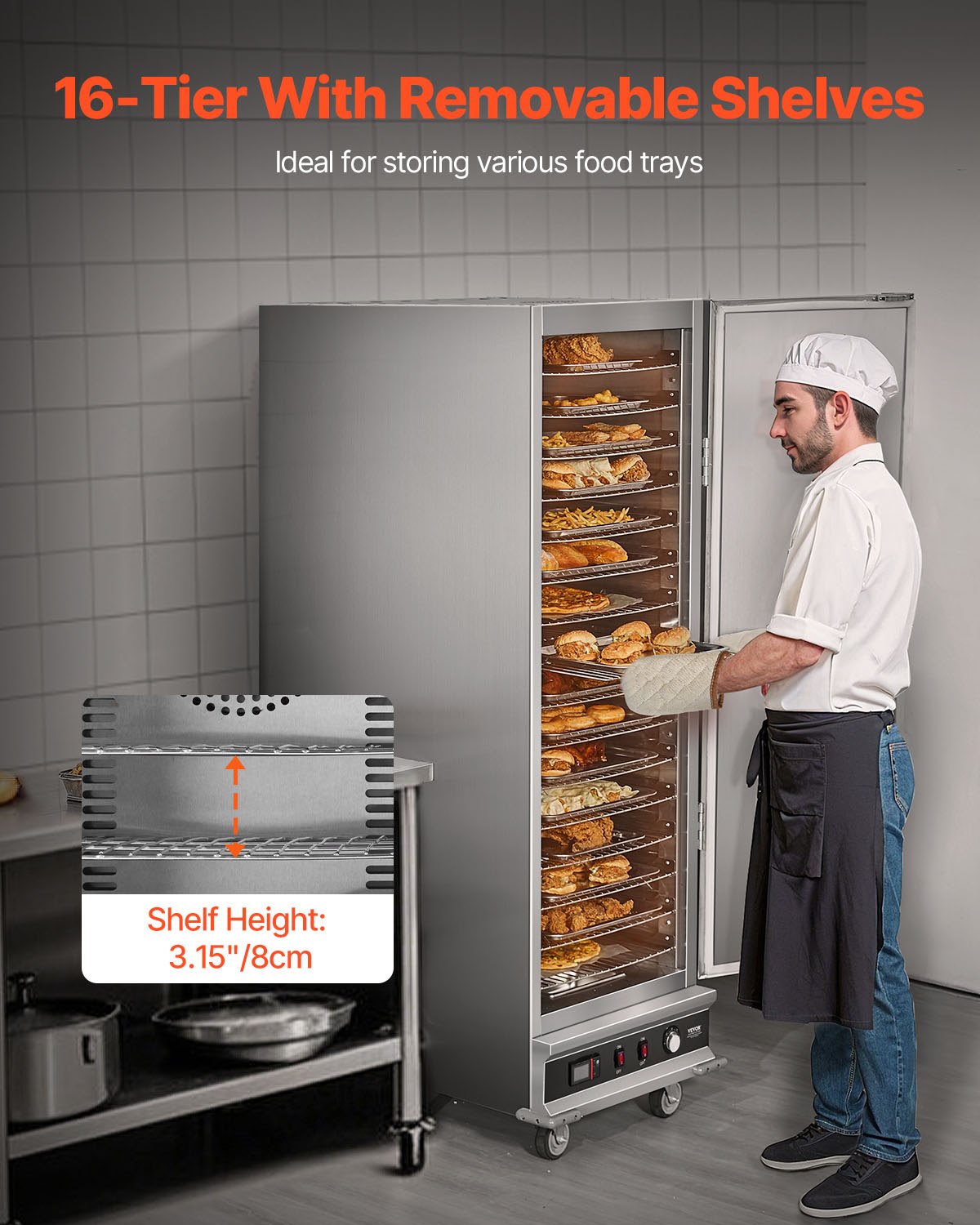 VEVOR Hot Box Food Warmer, 16-Tier Large Concession Warmer with Water Tray, Single-door and Adjustable Shelves, Stainless Steel Food Warmer Cabinet, Ideal for Storing Pizza, Chicken, Restaurant
