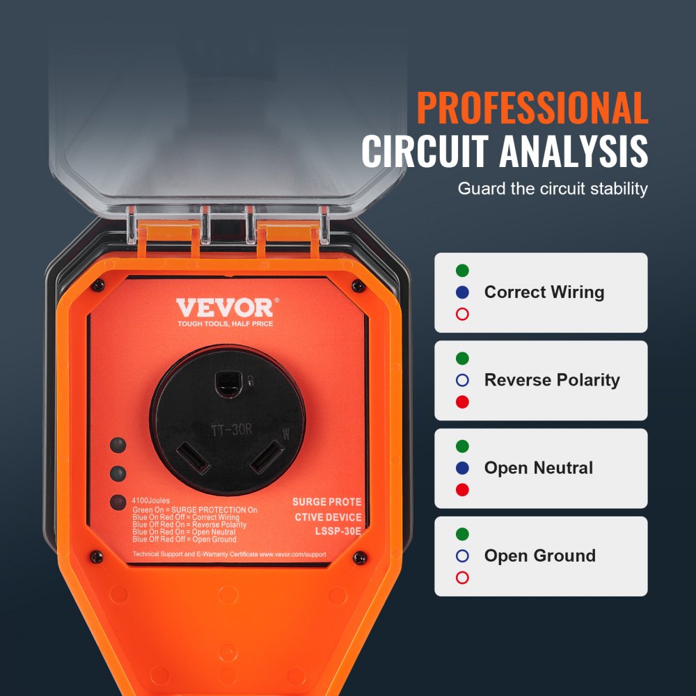 VEVOR RV Surge Protector, 30 Amp, 4100 Joules RV Voltage Protector Monitor Circuit Analyzer Power Guard, with Surge Protection Waterproof Cover Anti-Theft Lock for RV Camper Trailer, ETL Certified