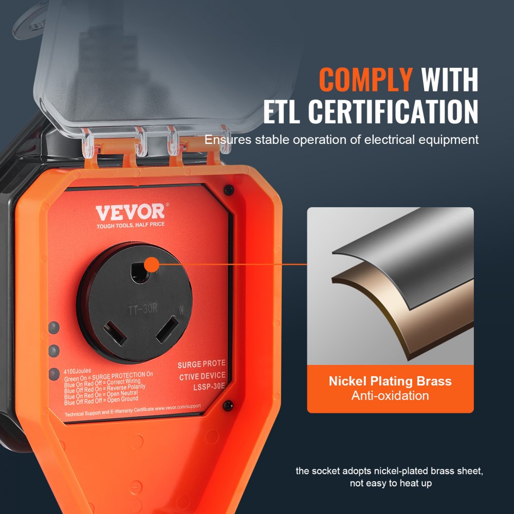 VEVOR RV Surge Protector, 30 Amp, 4100 Joules RV Voltage Protector Monitor Circuit Analyzer Power Guard, with Surge Protection Waterproof Cover Anti-Theft Lock for RV Camper Trailer, ETL Certified