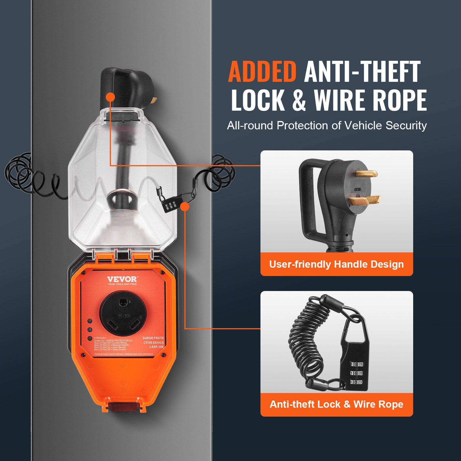 VEVOR RV Surge Protector, 30 Amp, 4100 Joules RV Voltage Protector Monitor Circuit Analyzer Power Guard, with Surge Protection Waterproof Cover Anti-Theft Lock for RV Camper Trailer, ETL Certified