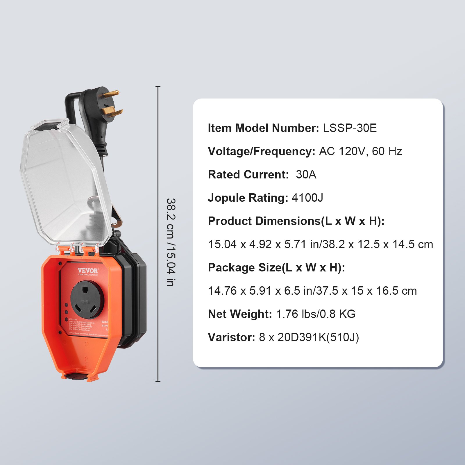 VEVOR RV Surge Protector, 30 Amp, 4100 Joules RV Voltage Protector Monitor Circuit Analyzer Power Guard, with Surge Protection Waterproof Cover Anti-Theft Lock for RV Camper Trailer, ETL Certified