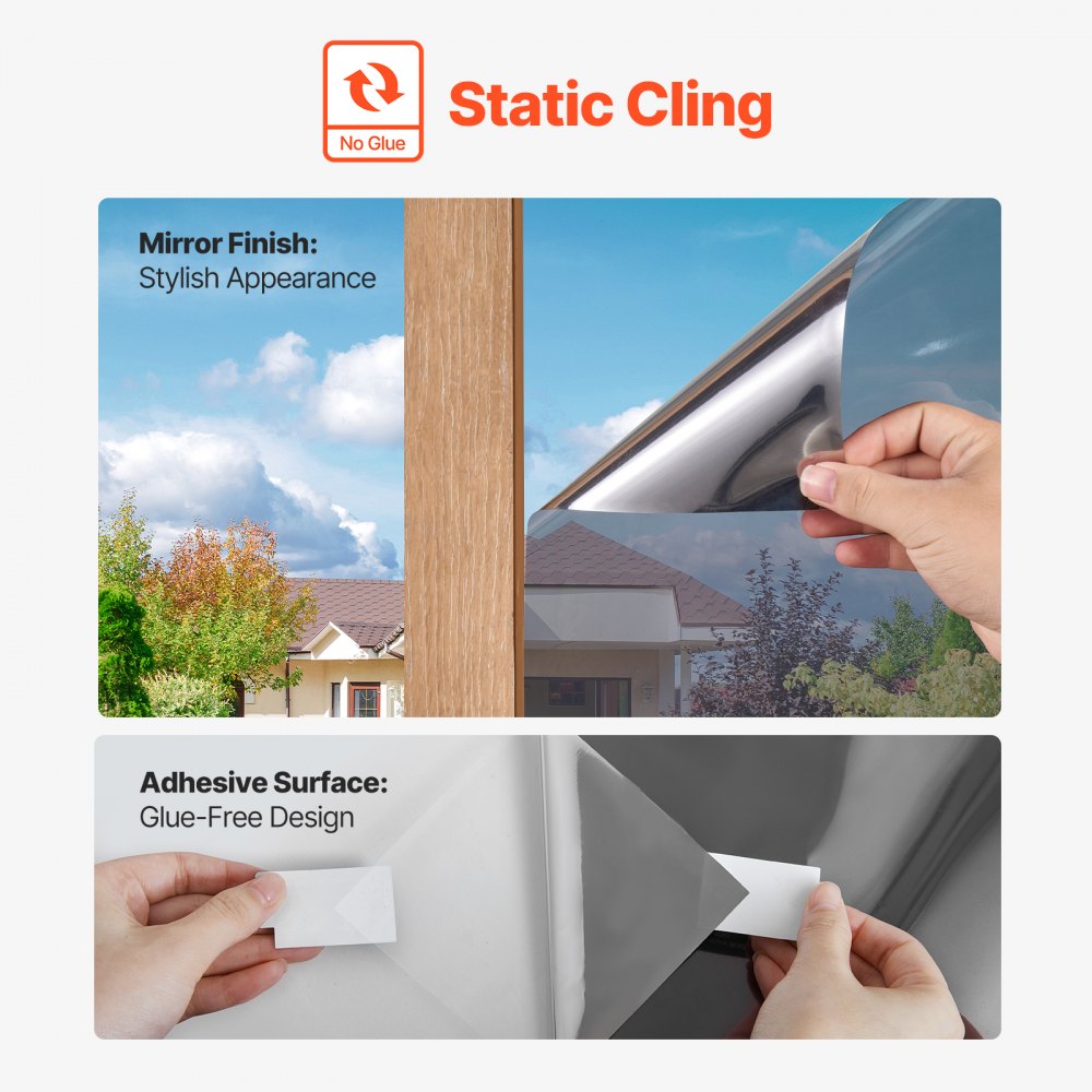VEVOR Window Privacy Film, One Way Window Tint, Daytime Mirror Reflective Heat Control Glass, Static Cling Sun Blocking, See out Not in Window Film for Home and Office, Black-Silver, 36 in x 6.5 ft