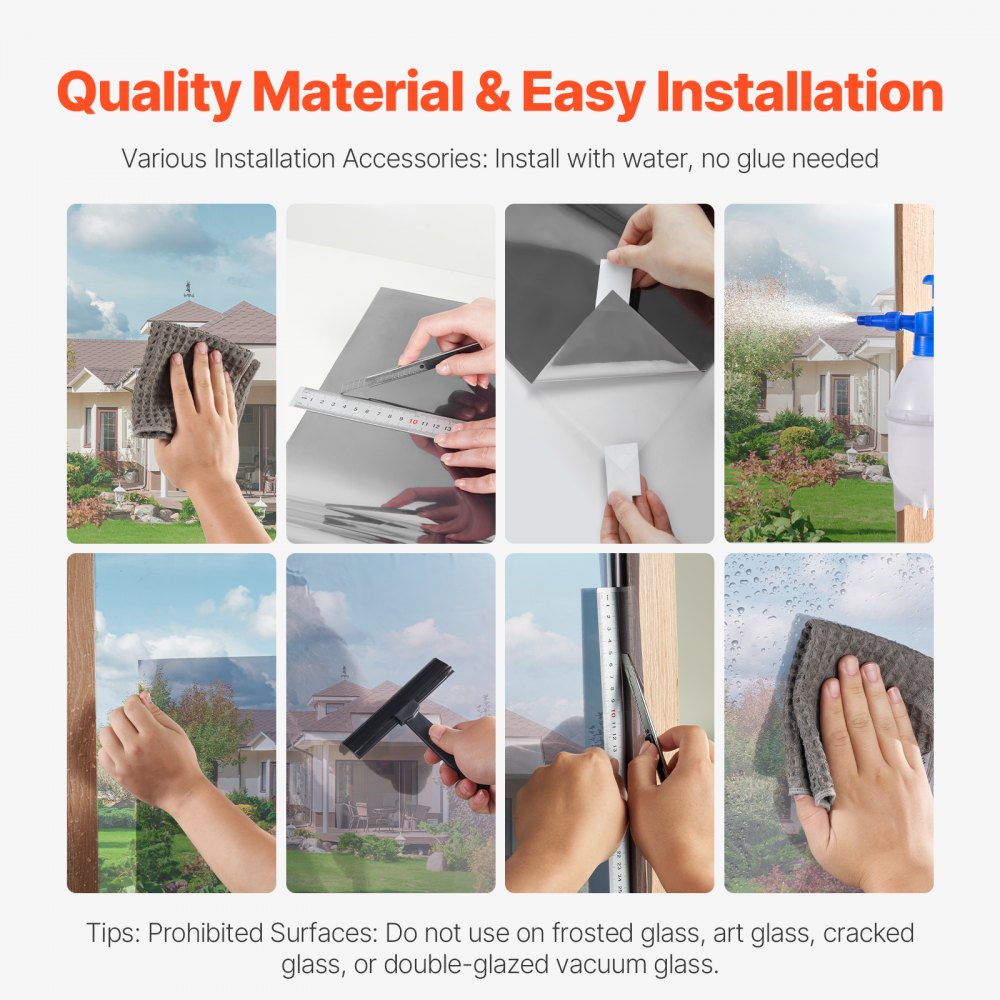 VEVOR Window Privacy Film, One Way Window Tint, Daytime Mirror Reflective Heat Control Glass, Static Cling Sun Blocking, See out Not in Window Film for Home and Office, Black-Silver, 36 in x 6.5 ft