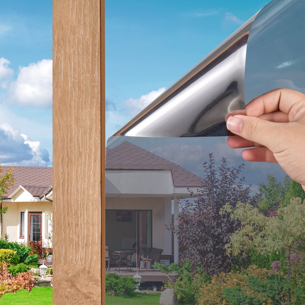 VEVOR Window Privacy Film, One Way Window Tint, Daytime Mirror Reflective Heat Control Glass, Static Cling Sun Blocking, See out Not in Window Film for Home and Office, Black-Silver, 36 in x 6.5 ft