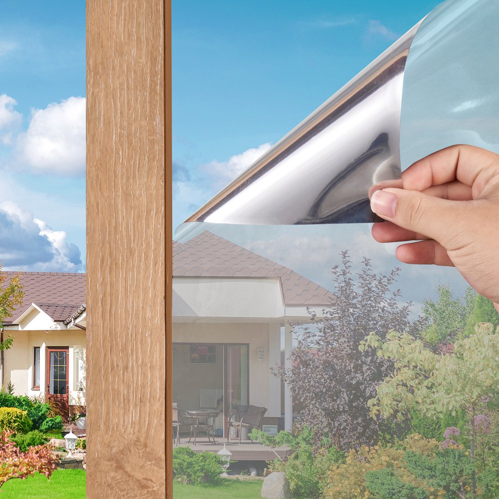 VEVOR Window Privacy Film, One Way Window Tint, Privacy Mirror Reflective Film, Sun Blocking Heat Control Glass, Self-Adhesive, See out Not in Window Film for Home and Office, Silver, 36 in x 49.3 ft