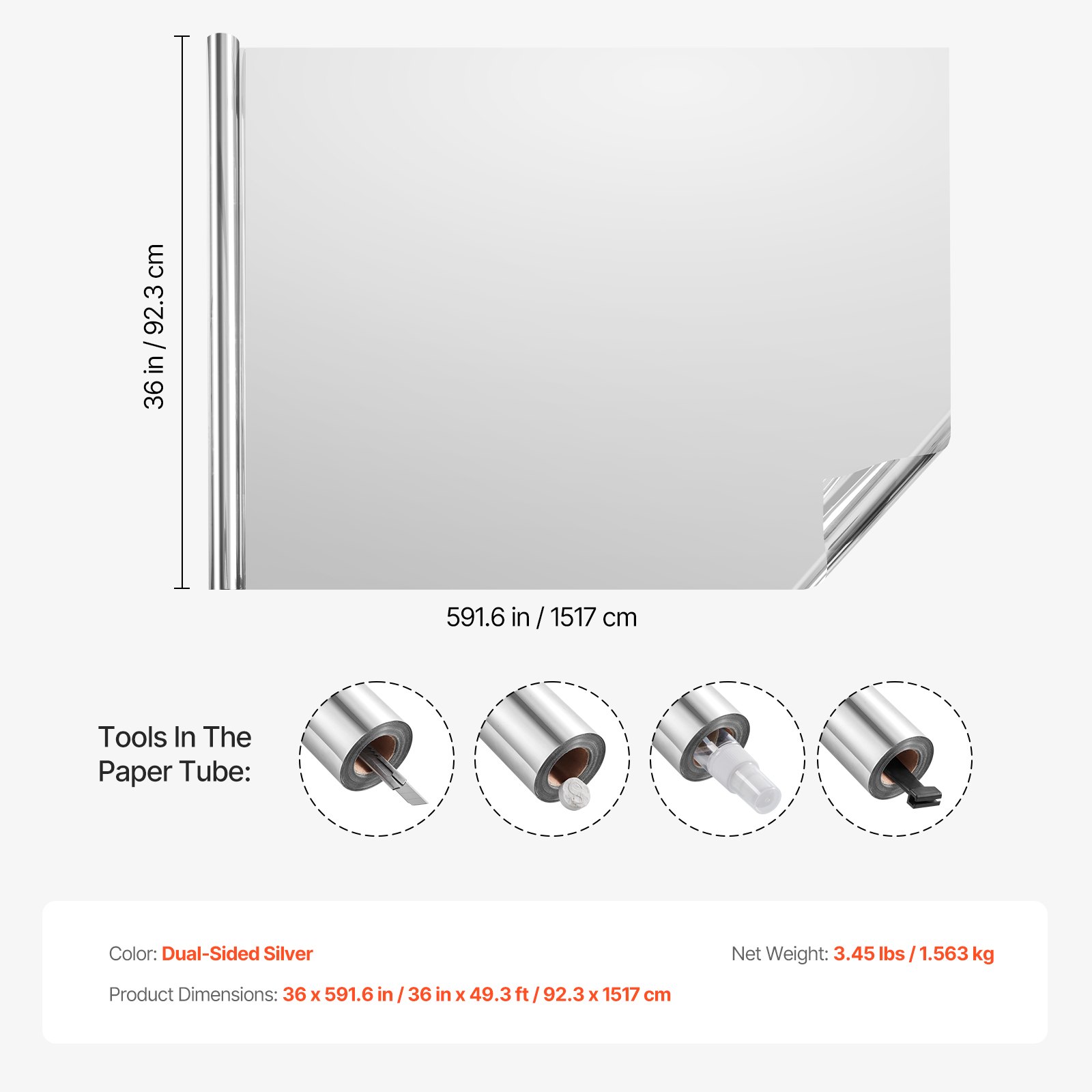 VEVOR Window Privacy Film, One Way Window Tint, Privacy Mirror Reflective Film, Sun Blocking Heat Control Glass, Self-Adhesive, See out Not in Window Film for Home and Office, Silver, 36 in x 49.3 ft