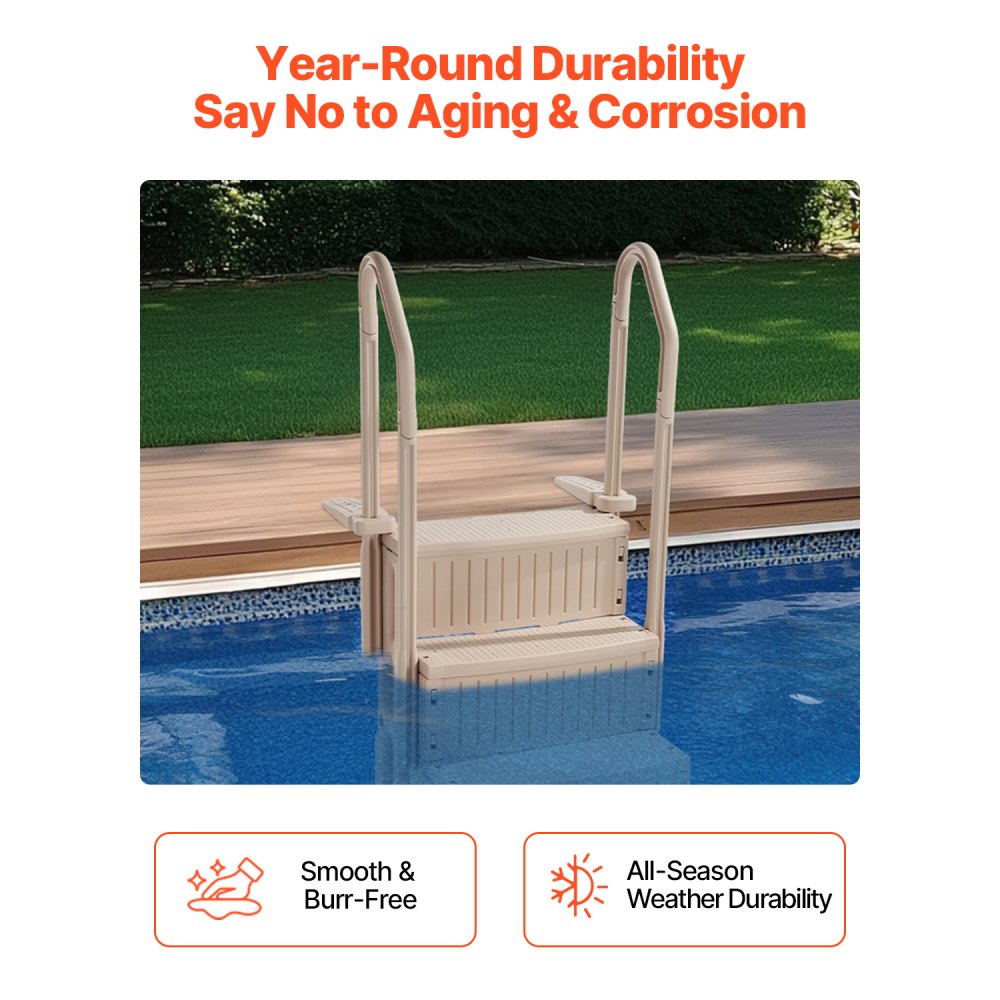 VEVOR Swimming Pool Ladder, 3-Step Double Handrails Stair with Non-slip Heavy Duty Steps, Load Capacity 181.4 kg, for 914.4-1219.2 mm Inground & Above-ground Pool of Any Decking Surface, Taupe