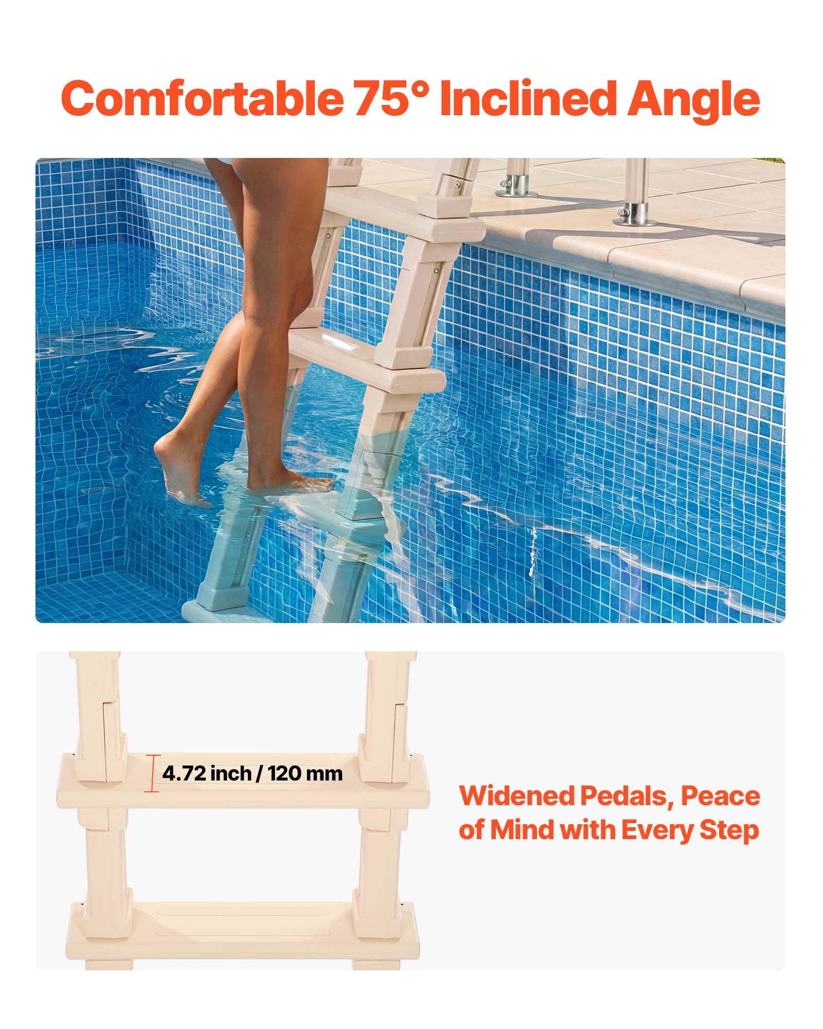 VEVOR Swimming Pool Ladder, Inclined 5-Step Double Handrails Stair, Non-slip Wide Step, 136 kg Load Capacity, for 121.9-137.2 cm Inground & Above-ground Pools, Any Deck Surface, Indoor & Outdoor, Taupe