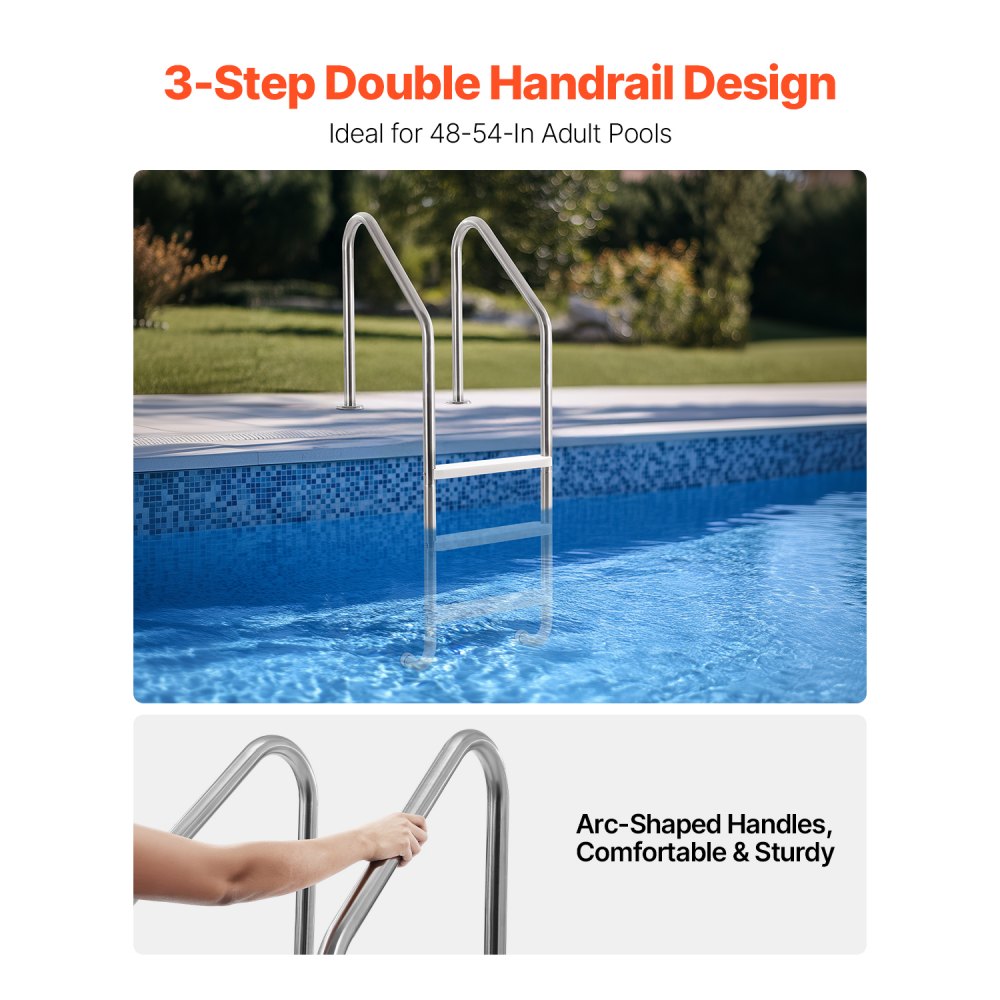 VEVOR Swimming Pool Ladder, 3-Step Double Handrails Stair with Non-slip Heavy Duty Steps, Stainless Steel Load Capacity 120 kg, for 1219.2-1371.6 mm Inground Pool of Any Deck Surface Indoor & Outdoor