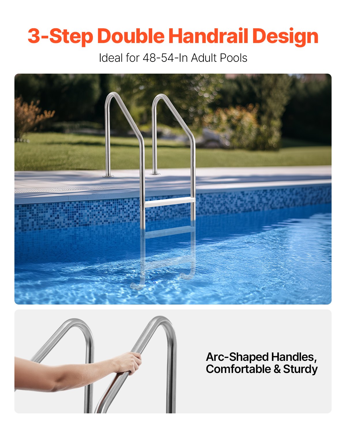VEVOR Swimming Pool Ladder, 3-Step Double Handrails Stair with Non-slip Heavy Duty Steps, Stainless Steel Load Capacity 120 kg, for 1219.2-1371.6 mm Inground Pool of Any Deck Surface Indoor & Outdoor