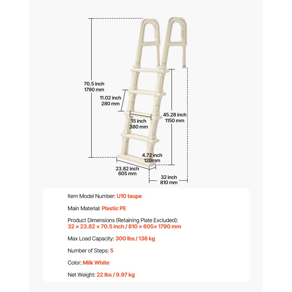 VEVOR Swimming Pool Ladder, 75°Inclined 5-Step Double Handrails Stair, Non-slip Steps of 136 kg Load Capacity, for 1219.2-1371.6 mm Inground & Above-ground Pools of Any Deck Surface Indoor & Outdoor