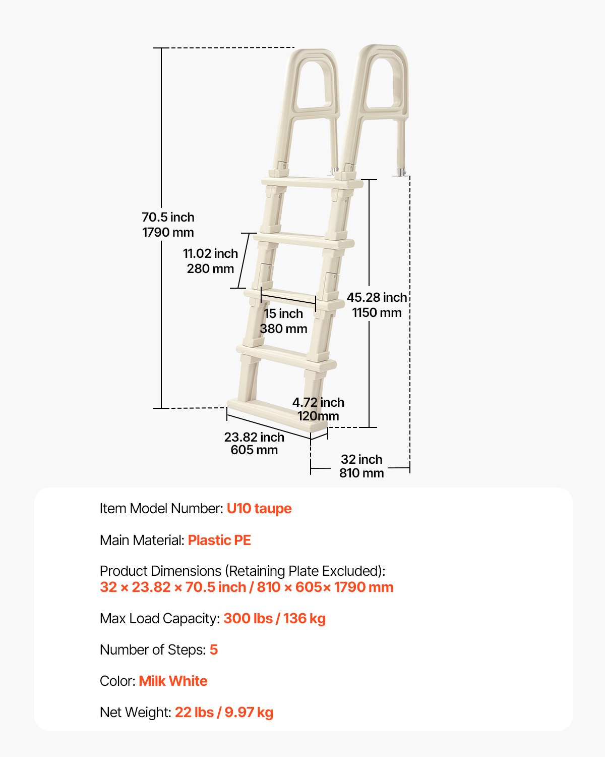 VEVOR Swimming Pool Ladder, 75°Inclined 5-Step Double Handrails Stair, Non-slip Steps of 136 kg Load Capacity, for 1219.2-1371.6 mm Inground & Above-ground Pools of Any Deck Surface Indoor & Outdoor