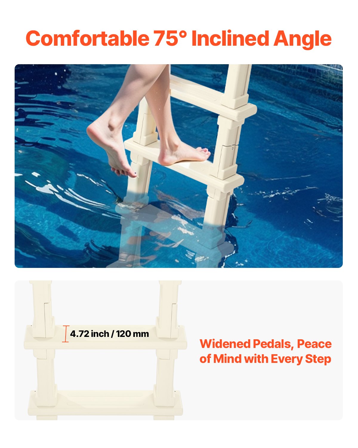 VEVOR Swimming Pool Ladder, 75°Inclined 5-Step Double Handrails Stair, Non-slip Steps of 136 kg Load Capacity, for 1219.2-1371.6 mm Inground & Above-ground Pools of Any Deck Surface Indoor & Outdoor