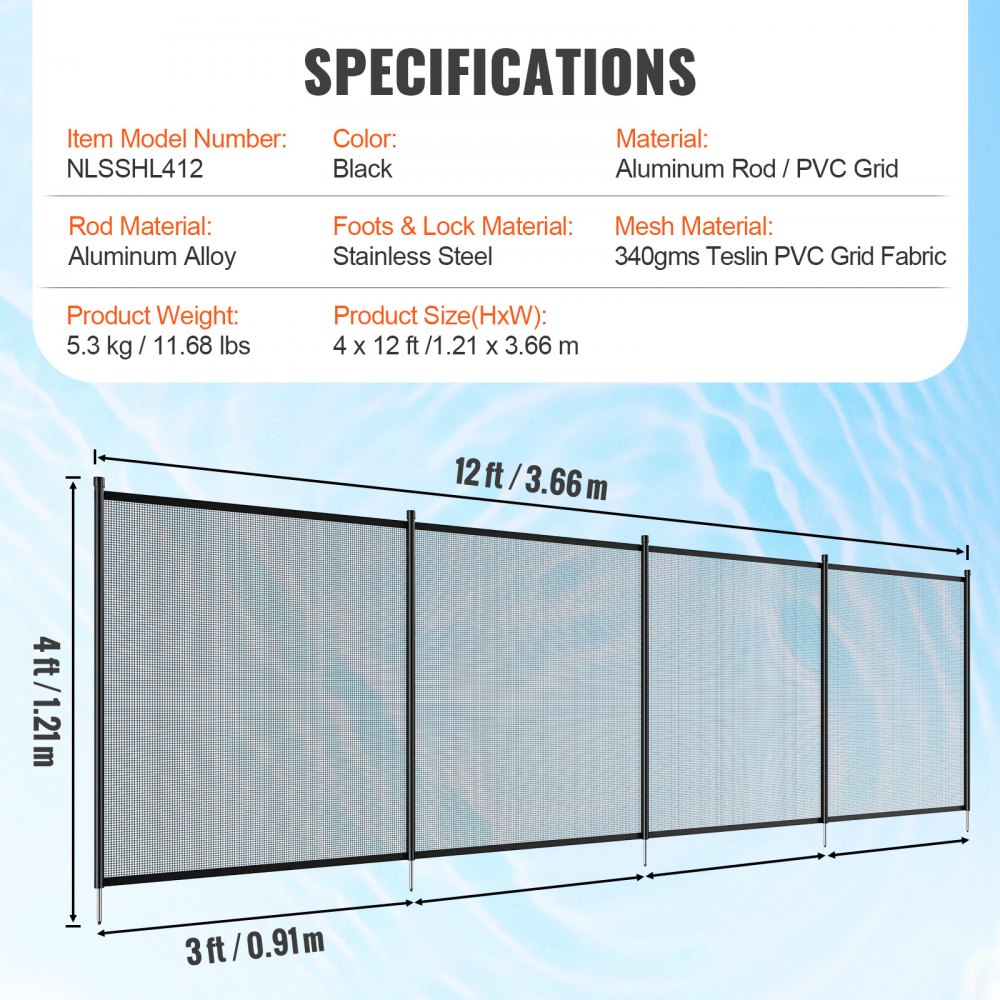 VEVOR Pool Fence, 4 x 12 FT Pool Fences for Inground Pools, Removable Child Safety Pool Fencing, Easy DIY Installation Swimming Pool Fence, 340gms Teslin PVC Pool Fence Mesh Protects Kids and Pets