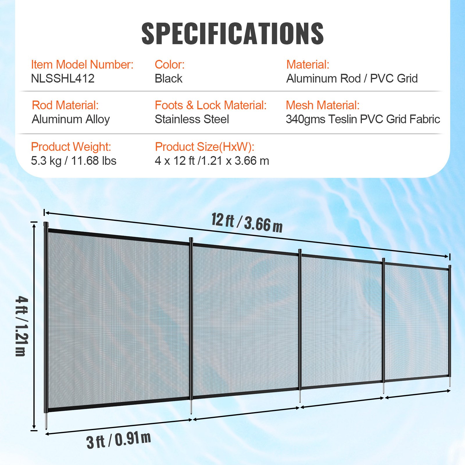 VEVOR Pool Fence, 4 x 12 FT Pool Fences for Inground Pools, Removable Child Safety Pool Fencing, Easy DIY Installation Swimming Pool Fence, 340gms Teslin PVC Pool Fence Mesh Protects Kids and Pets