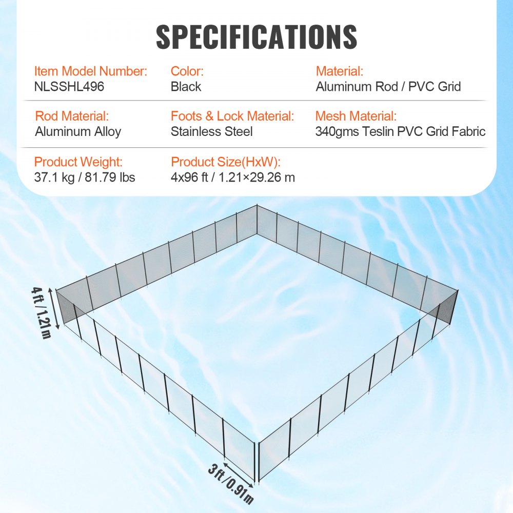 specifications for VEVOR pool fence: black, aluminum rod/pvc grid, 4x96 ft, 37.1 kg, mesh teslin pvc fabric.