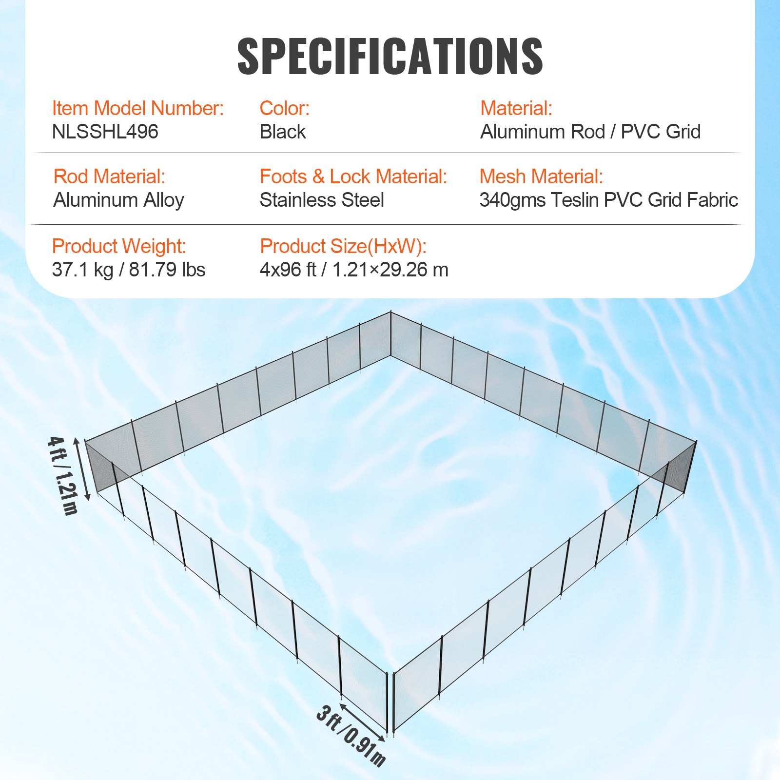 specifications for VEVOR pool fence: black, aluminum rod/pvc grid, 4x96 ft, 37.1 kg, mesh teslin pvc fabric.