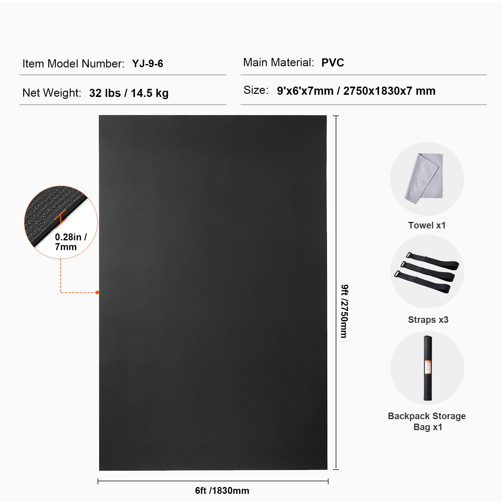 VEVOR Exercise Mat, Non Slip High Density Premium Yoga Mat, Exercise Yoga Mat for Men & Women, Fitness & Exercise Mat with Bag & Carry Strap, for All Types of Home Yoga, Pilate & Floor Workout (9x6ft)