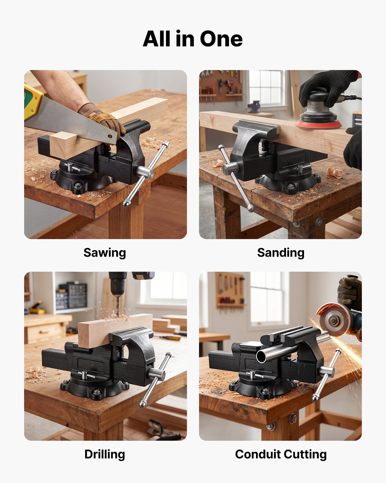 VEVOR Heavy Duty Bench Vise, 254 mm Jaw Width, Multi-Purpose Ductile Iron Bench Vise with Anvil and 360-Degree Locking Swivel Base, 109 mm Throat Depth, 254 mm Jaw Opening, for Drilling, Pipe Cutting