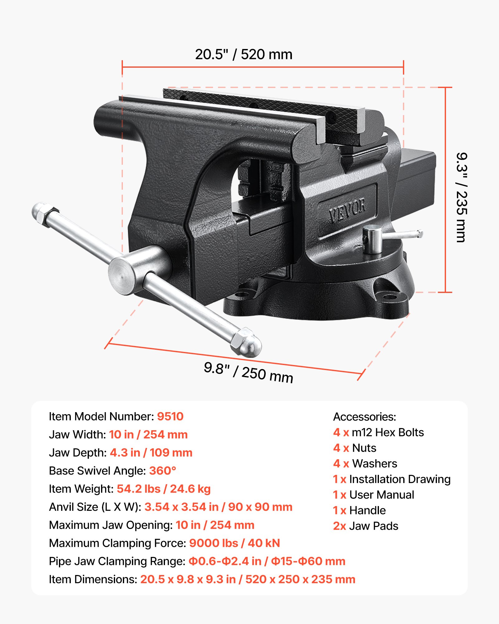 VEVOR Heavy Duty Bench Vise, 254 mm Jaw Width, Multi-Purpose Ductile Iron Bench Vise with Anvil and 360-Degree Locking Swivel Base, 109 mm Throat Depth, 254 mm Jaw Opening, for Drilling, Pipe Cutting