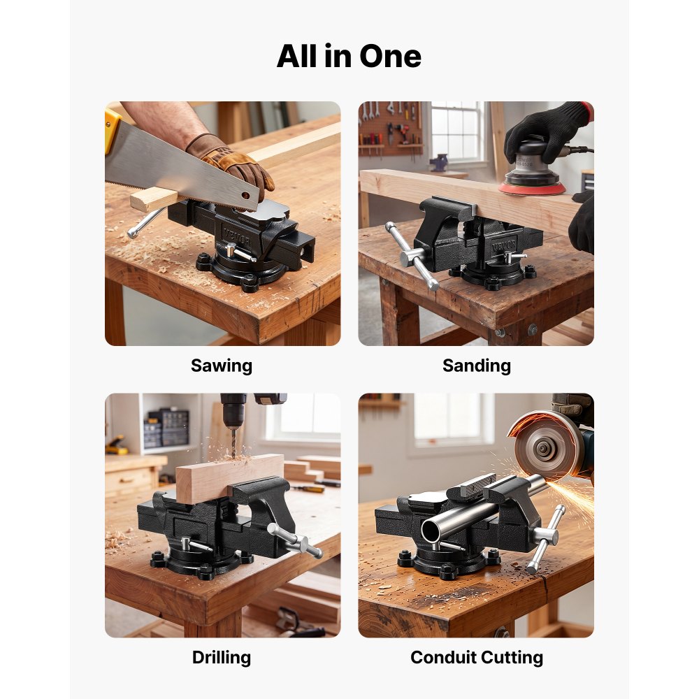 VEVOR Heavy Duty Bench Vise, 100 mm Jaw Width, Multi-Purpose Ductile Iron Bench Vise with Anvil and 360-Degree Locking Swivel Base, 57 mm Throat Depth, 120 mm Jaw Opening, for Drilling, Pipe Cutting
