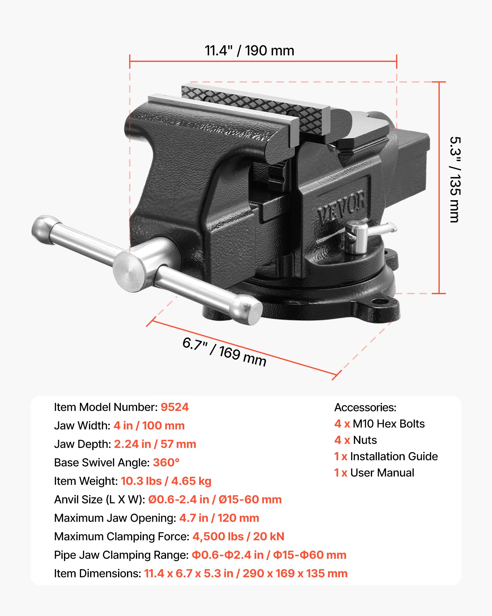 VEVOR Heavy Duty Bench Vise, 100 mm Jaw Width, Multi-Purpose Ductile Iron Bench Vise with Anvil and 360-Degree Locking Swivel Base, 57 mm Throat Depth, 120 mm Jaw Opening, for Drilling, Pipe Cutting