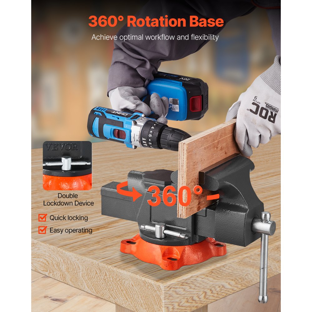 VEVOR Bench Vise, 5" Jaw Width, 5" Max Jaw Opening Multipurpose Vise with 360° Swivel Locking Base, 2.8" Throat Depth, Heavy Duty Ductile Iron Workbench Vise with Anvil, for Clamping Round Pipes