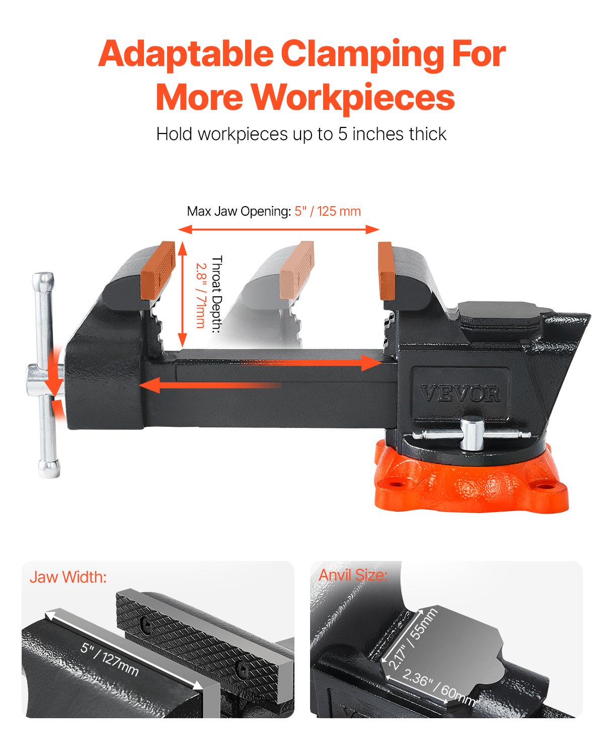 VEVOR Bench Vise, 5" Jaw Width, 5" Max Jaw Opening Multipurpose Vise with 360° Swivel Locking Base, 2.8" Throat Depth, Heavy Duty Ductile Iron Workbench Vise with Anvil, for Clamping Round Pipes
