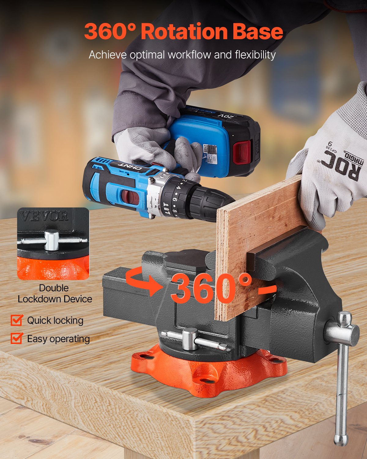 VEVOR Bench Vise, 5" Jaw Width, 5" Max Jaw Opening Multipurpose Vise with 360° Swivel Locking Base, 2.8" Throat Depth, Heavy Duty Ductile Iron Workbench Vise with Anvil, for Clamping Round Pipes