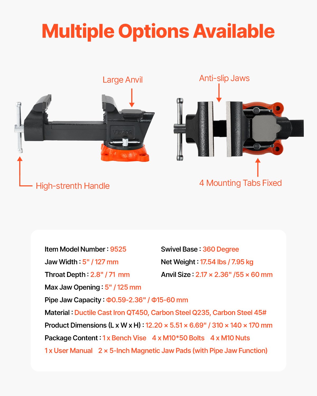 VEVOR Bench Vise, 5" Jaw Width, 5" Max Jaw Opening Multipurpose Vise with 360° Swivel Locking Base, 2.8" Throat Depth, Heavy Duty Ductile Iron Workbench Vise with Anvil, for Clamping Round Pipes