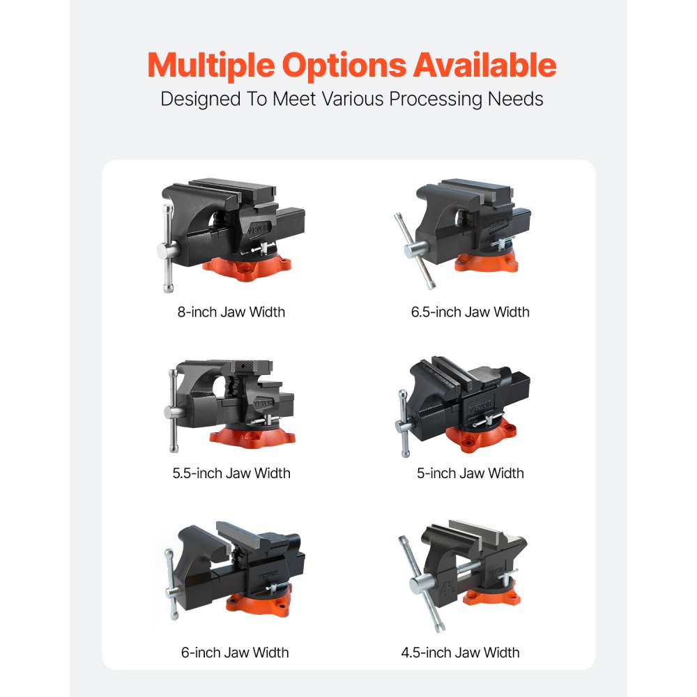VEVOR Bench Vise, 203 mm(8") Jaw Width, 203 mm(8") Max Jaw Opening Multipurpose Vise with 360°Swivel Locking Base, 94 mm(3.7") Throat Depth, Heavy Duty Ductile Iron Workbench Vise, Two-Way Jaws for Clamping Round Pipes