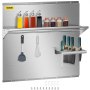 stainless steel VEVOR range backsplash with knife holder, spice jars, hooks, and bottles.