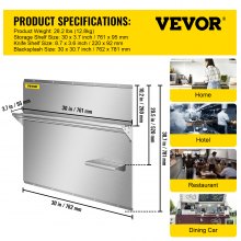 VEVOR Range Backsplash with Shelf 30 x 30.7 Inch Range Hood Wall Shield, Stainless Steel Backsplash Silver Splash Plate for Range Hood Stainless Backsplash with Built-in Storage Shelf and Hanging Rack