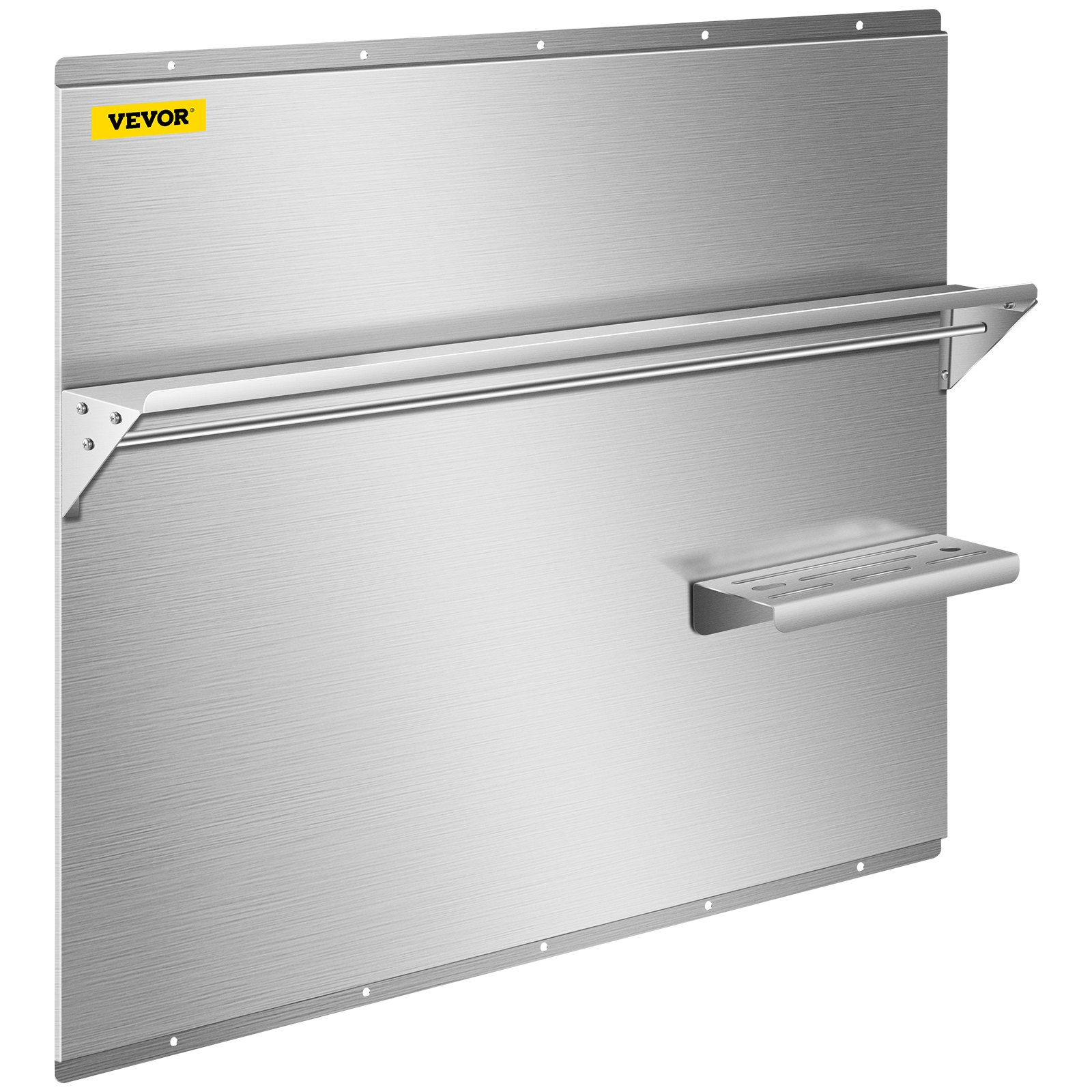 Protector contra salpicaduras de acero inoxidable VEVOR con estante de 30 x 30,7 pulgadas, protector de pared para campana extractora, placa plateada para salpicaduras de acero inoxidable con estante de almacenamiento incorporado y estante para colgar.